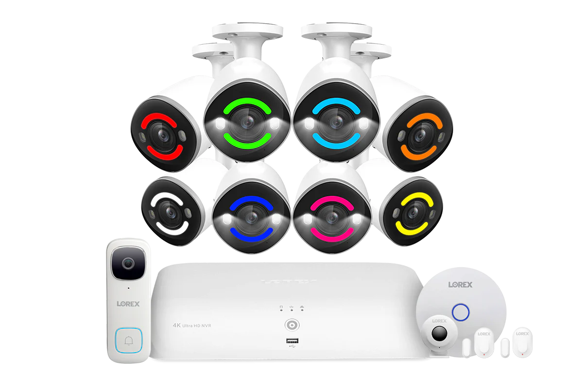 Lorex Fusion 4K 16-channel 2TB Wired NVR System with Eight Deterrence Bullet Wired Cameras plus One 2K Doorbell and One Sensor Kit with Three Sensors