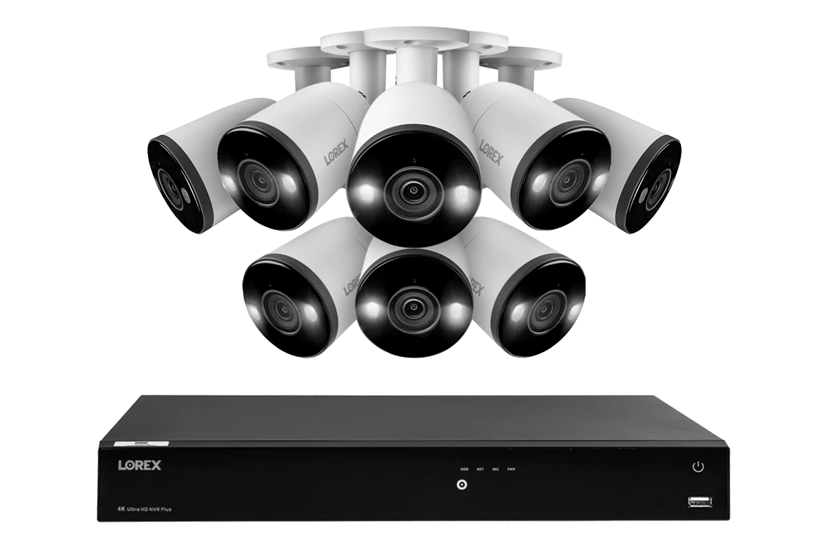 Lorex Fusion 4K (16 Camera Capable) 4TB Wired NVR System with 8 Bullet Cameras Featuring Smart Deterrence and Two-Way Talk